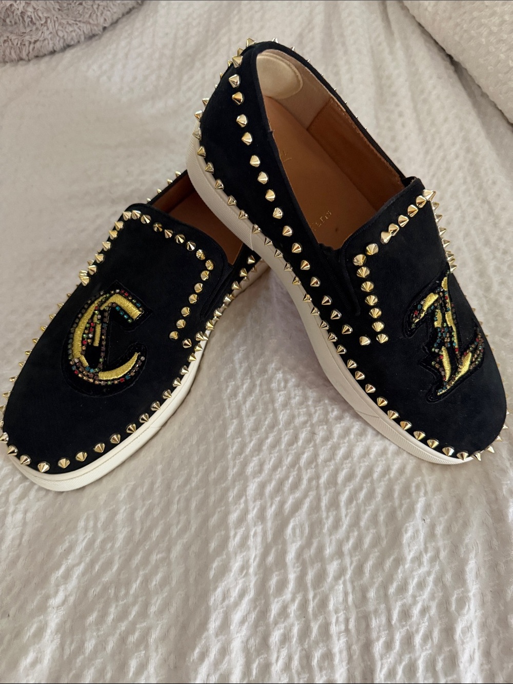 Christian Louboutin Black Suede Studded Slip-On Loafers with Embroidered Crest